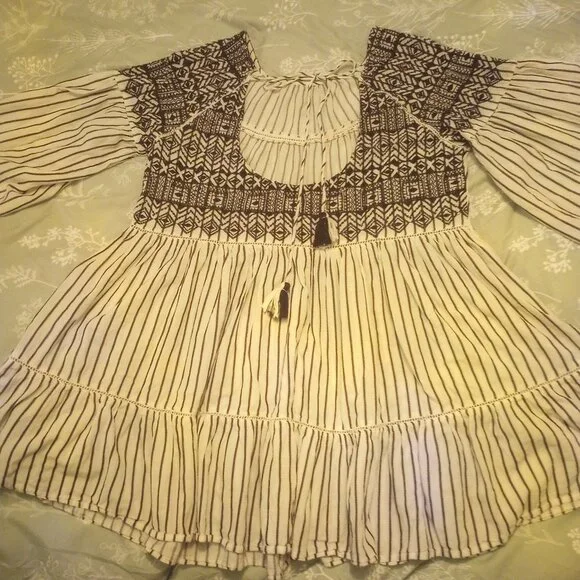 Free people Lola embroidered mini dress striped tier open back blk & wte M - Picture 11 of 11